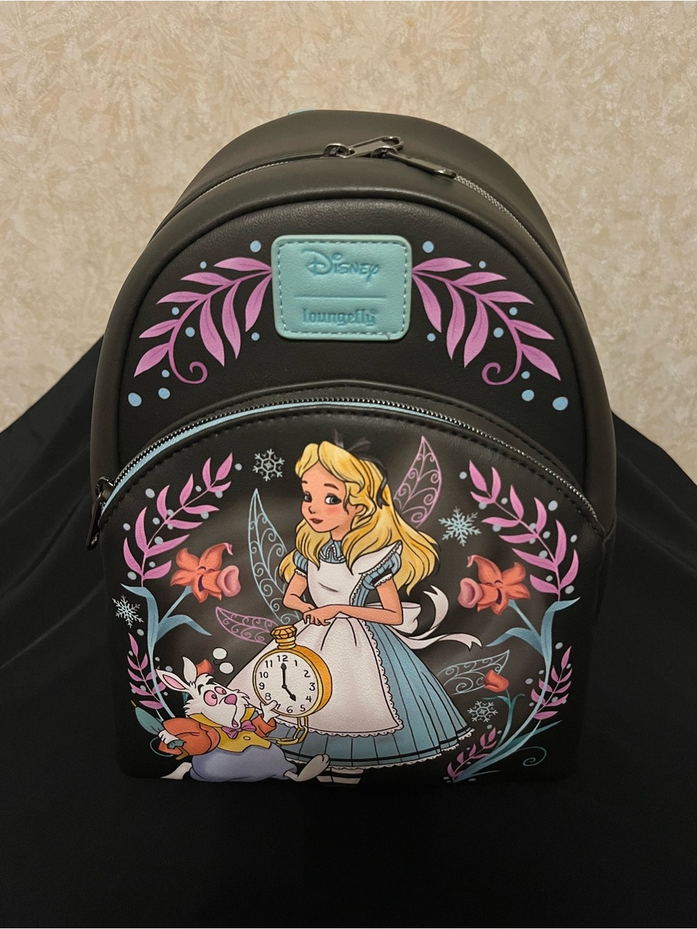 Loungefly Black Alice in Wonderland Mini Backpack with Pink & Teal Accents